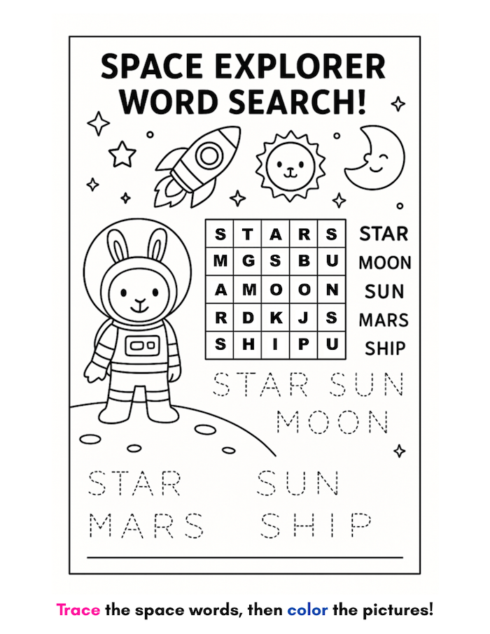Space Explorer Animal Friends Printable Coloring Book PDF – 28 STEM Pages for Ages 3-7 (Instant Download)