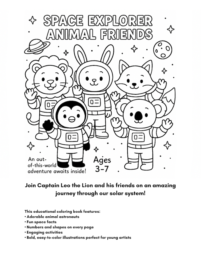 Space Explorer Animal Friends Printable Coloring Book PDF – 28 STEM Pages for Ages 3-7 (Instant Download)