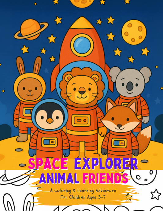 Space Explorer Animal Friends Printable Coloring Book PDF – 28 STEM Pages for Ages 3-7 (Instant Download)