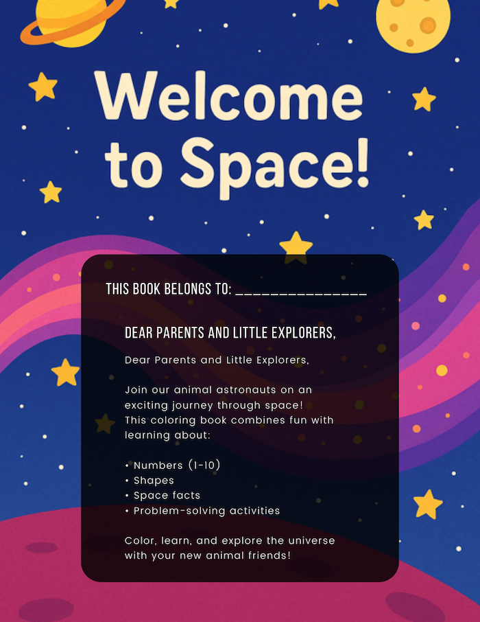 Space Explorer Animal Friends Printable Coloring Book PDF – 28 STEM Pages for Ages 3-7 (Instant Download)